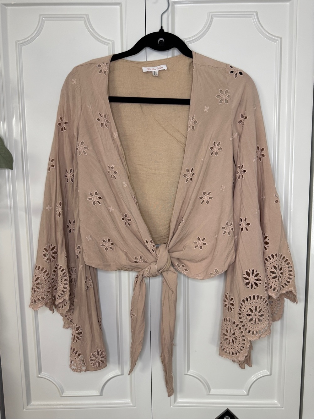 Tie-Front Eyelet Crochet Crop Top - Beige/Rose - Ella Langley Coded. Western.